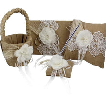 Load image into Gallery viewer, Burlap with White Flower and feather 4pc Wedding set