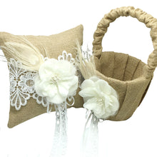 Load image into Gallery viewer, Burlap with White Flower and feather 4pc Wedding set