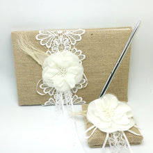 Load image into Gallery viewer, Burlap with White Flower and feather 4pc Wedding set