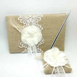 Burlap with White Flower and feather 4pc Wedding set