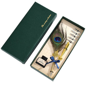 Peacock Feather Dip Pen Set